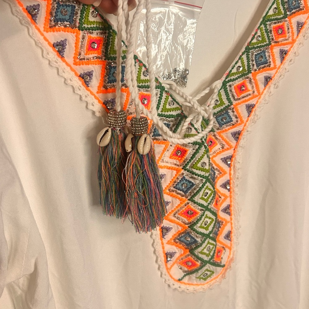 Boston Proper White Long Sleeve Blouse Orange Blue Jeweled Embroidery L NWOT - Picture 7 of 9